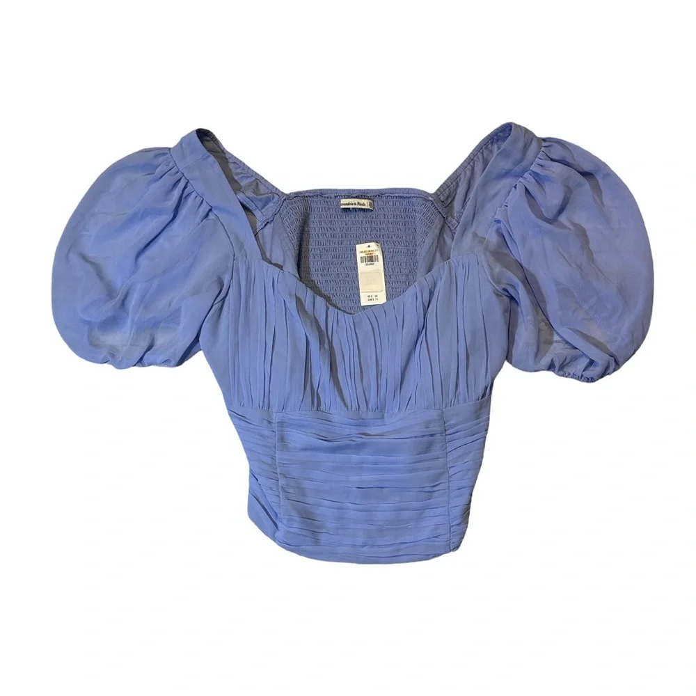 NEW Abercrombie & Fitch women’s 2XL XXL blue ruched crop puff sleeve blouse NWT